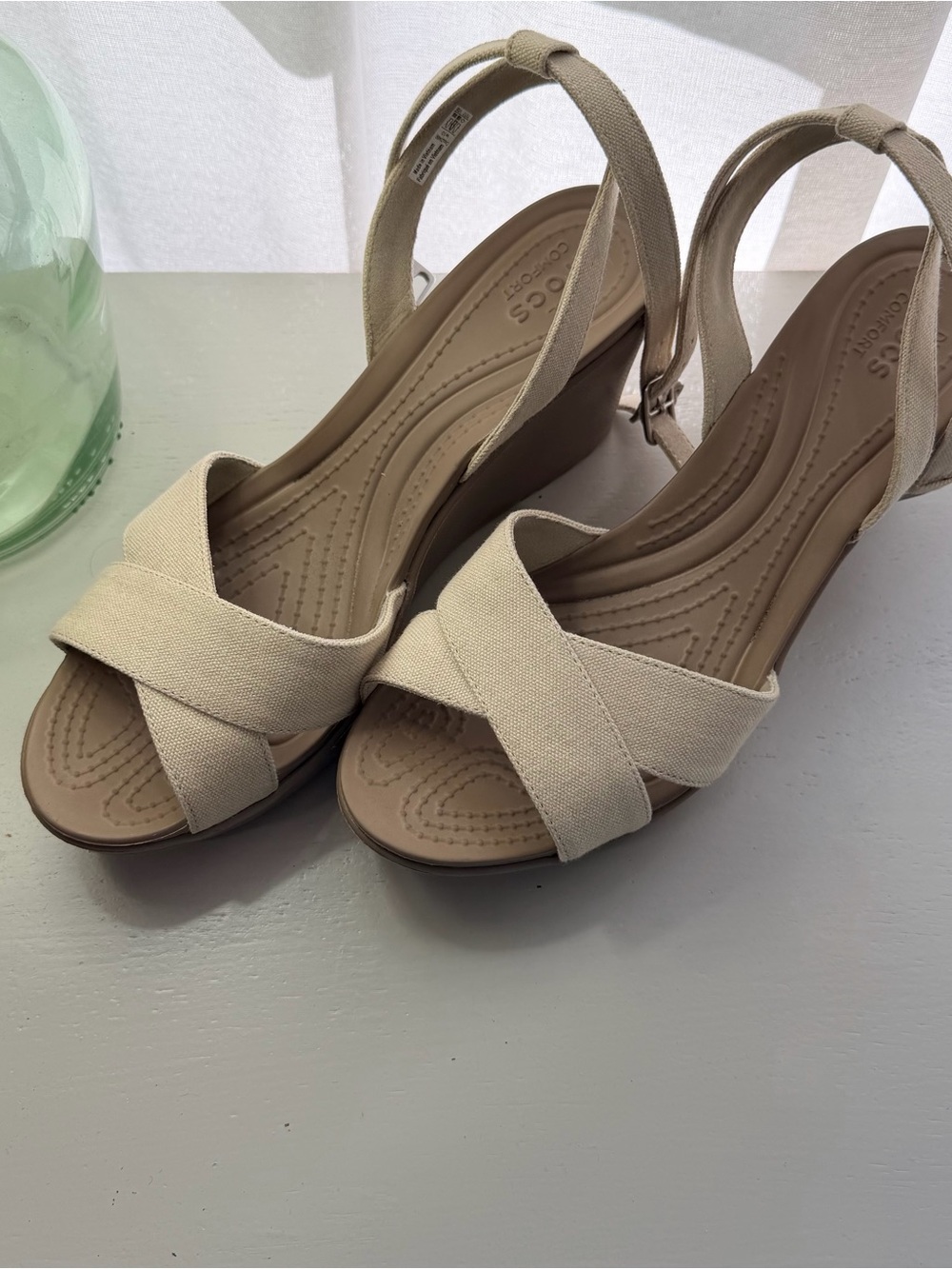 CROCS Beige Canvas Wedge Sandals with Tan Platform